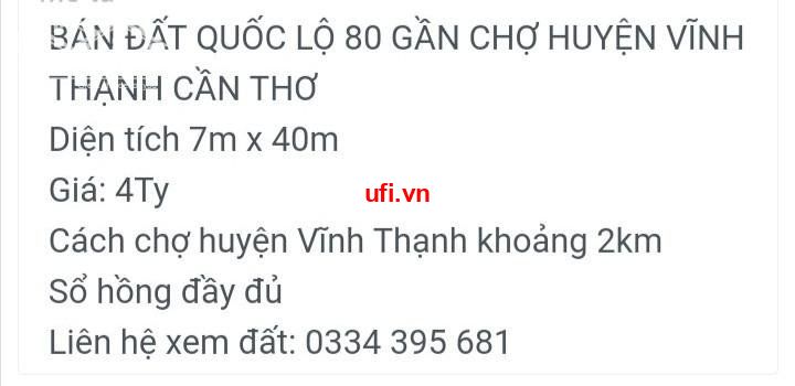 "Bán đất quốc lộ 80 gần chợ huyện vĩnh thạnh cần thơ"